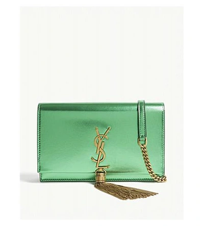 Shop Saint Laurent Kate Metallic Leather Wallet-on-chain In Green