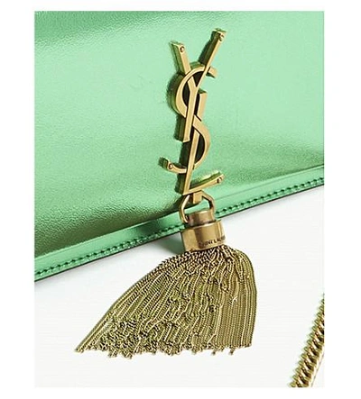Shop Saint Laurent Kate Metallic Leather Wallet-on-chain In Green