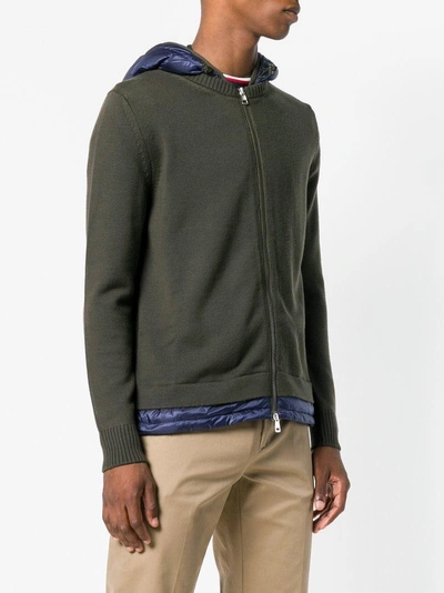 Shop Moncler Padded Panel Zip Front Hoodie In Green