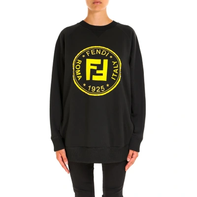 Shop Fendi Crewneck Logo Cotton Sweater In Black