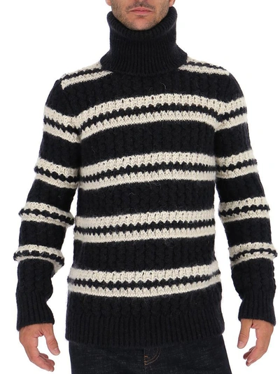 Shop Saint Laurent Striped Turtle Neck Sweater In Noir/naturel