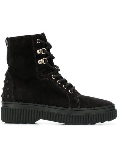 Tod's Round Toe Lace-up Boots In Black