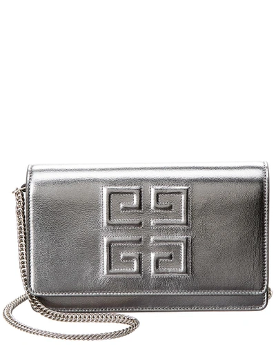 Shop Givenchy Emblem Metallic Leather Wallet On Chain In Silver