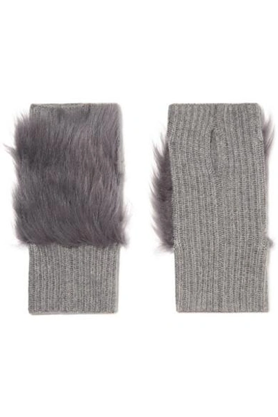 Shop Karl Donoghue Shearling-trimmed Ribbed Cashmere Fingerless Gloves In Gray