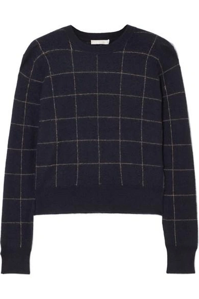 Shop Vince Checked Cashmere Sweater In Navy