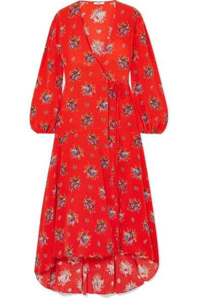 Shop Ganni Floral-print Washed-silk Wrap Dress In Red