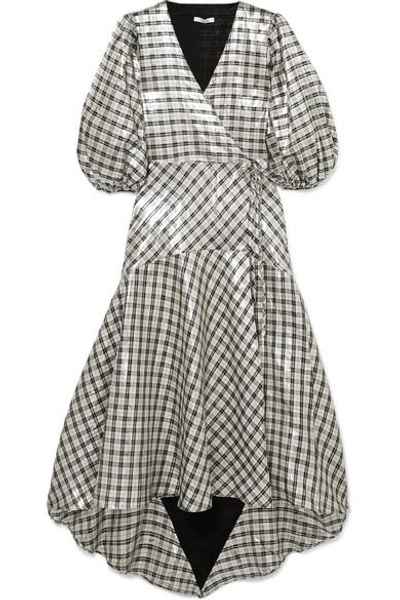 Shop Ganni Checked Silk-blend Lamé Wrap Dress In Silver