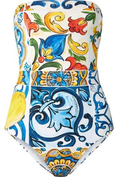 Shop Dolce & Gabbana Maiolica Cutout Printed Bandeau Swimsuit In Blue
