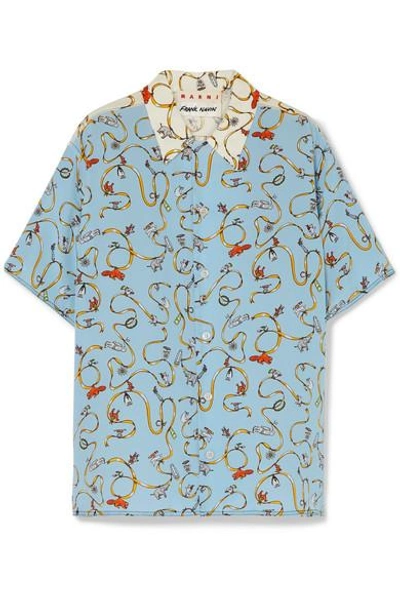 Shop Marni Two-tone Printed Silk Crepe De Chine Shirt In Blue