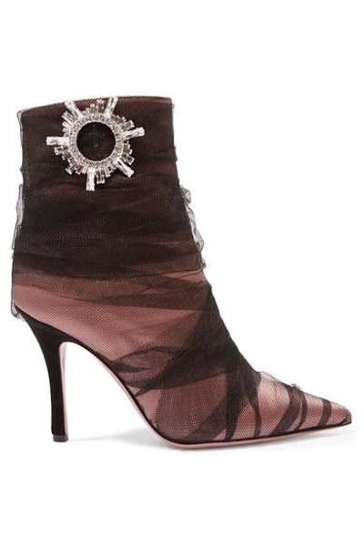 Shop Amina Muaddi Tessa Crystal-embellished Ruched Tulle And Satin Ankle Boots In Antique Rose