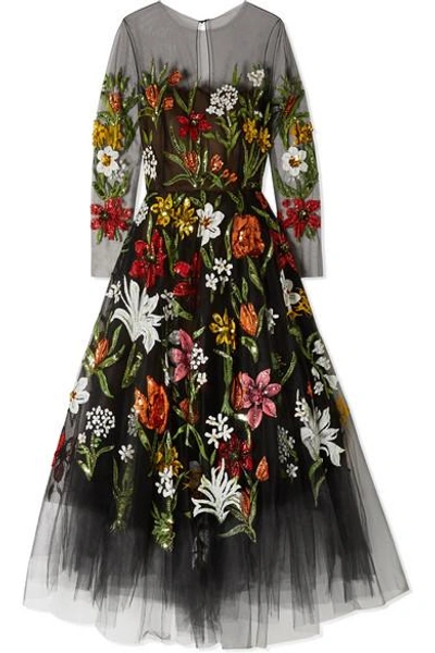 Shop Oscar De La Renta Sequin-embellished Printed Tulle Gown In Black