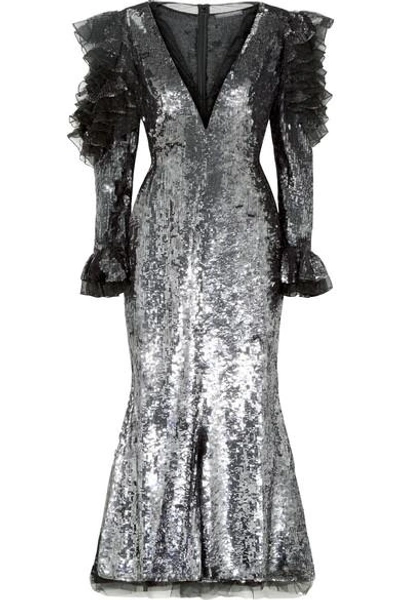 Shop Alexander Mcqueen Ruffled Sequined Tulle Midi Dress In Silver
