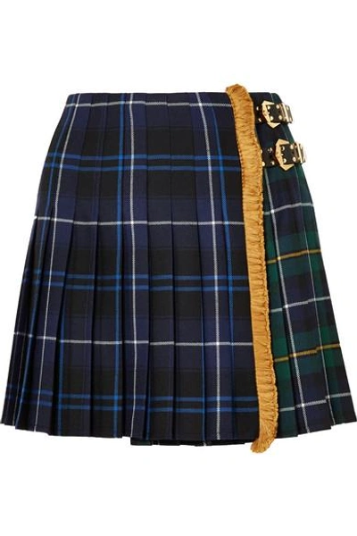Shop Versace Fringed Pleated Tartan Wool Mini Skirt In Blue
