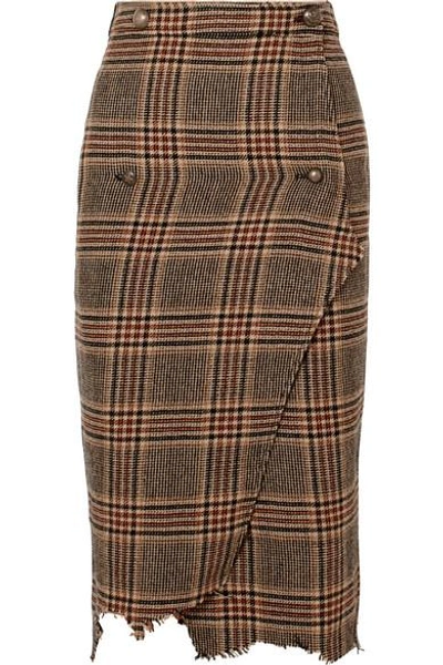 Shop Vetements Distressed Wool-tweed Wrap Midi Skirt In Brown