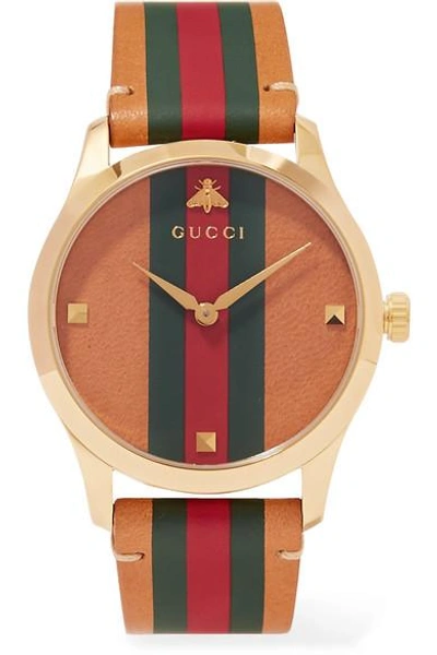 Shop Gucci G-timeless Striped Leather And Gold-tone Watch In Red