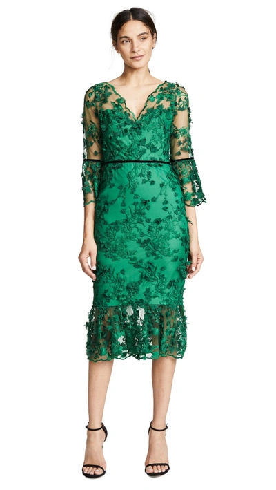 Shop Marchesa Notte Embroidered Cocktail With 3d Flowers In Emerald