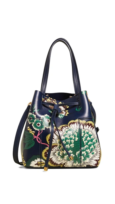 Shop Tory Burch Block T Printed Small Bucket Bag In Navy Happy Times