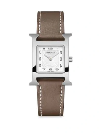 Shop Hermes Women's Heure H 21mm Stainless Steel & Leather Strap Watch In Brown