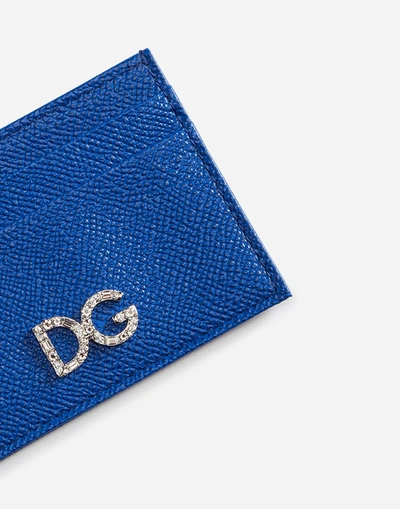 Shop Dolce & Gabbana Dauphine Calfskin Card Holder With Dg Crystal Logo In Blue
