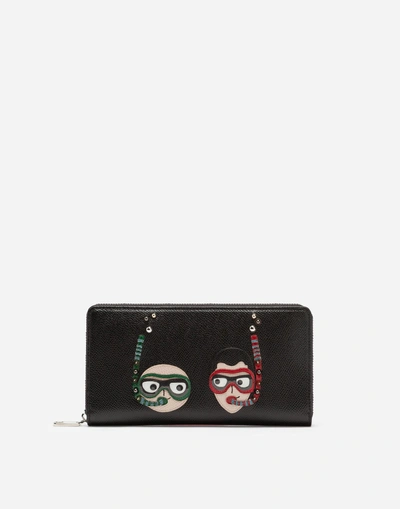 Shop Dolce & Gabbana Zip-around Dauphine Calfskin Wallet With Diver-style Patches Of The Designers In Black