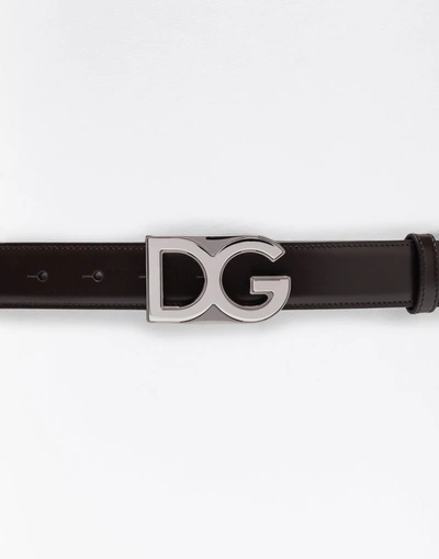 Shop Dolce & Gabbana Leather Belt With Logoed Badge In Brown