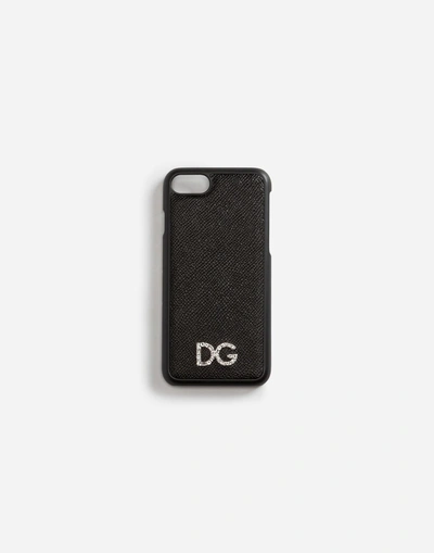 Shop Dolce & Gabbana Iphone 7 Cover With Dauphine Calfskin Detail And Dg Crystal Logo In Black