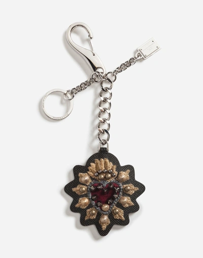 Shop Dolce & Gabbana Dauphine Calfskin Key Ring With Heart Patch In Black