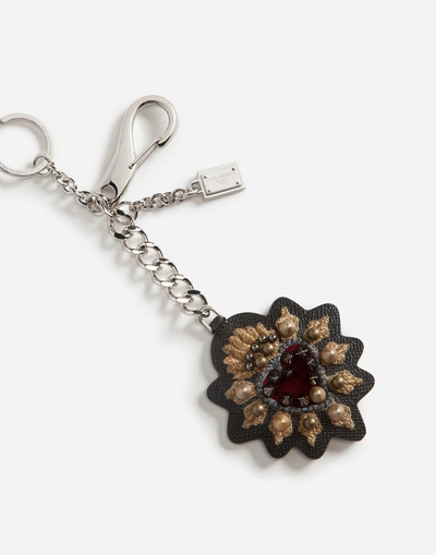 Shop Dolce & Gabbana Dauphine Calfskin Key Ring With Heart Patch In Black