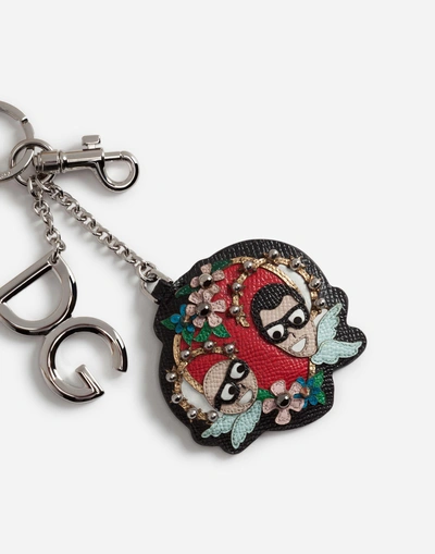 Shop Dolce & Gabbana Keychain In Metal And Calfskin With Logo Embroidery In Black