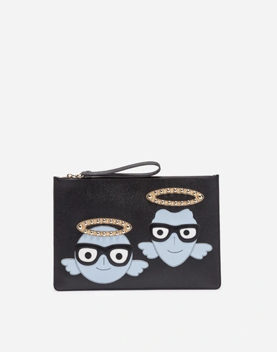 Shop Dolce & Gabbana Leather Pouch With Patches Of The Designers In Black