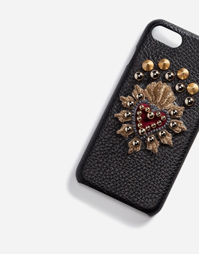 Shop Dolce & Gabbana Calfskin Iphone 7 Cover With Sacred Heart Patch In Black