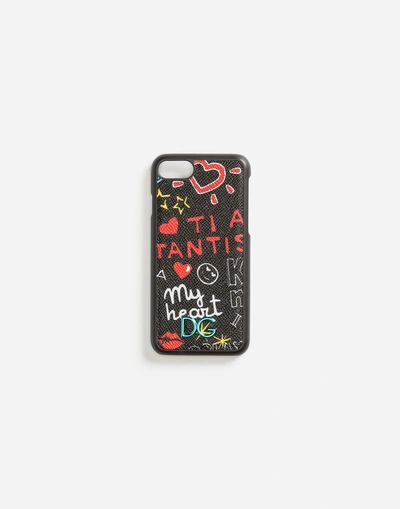 Shop Dolce & Gabbana Iphone 7 Cover In Printed Dauphine Calfskin Detail In Black