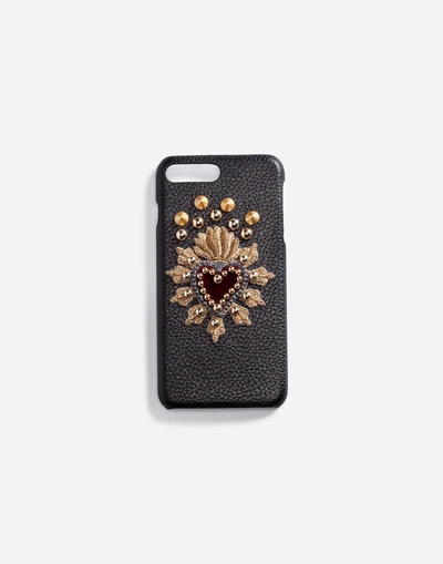 Shop Dolce & Gabbana Calfskin Iphone 7 Plus Cover With Sacred Heart Patch In Black