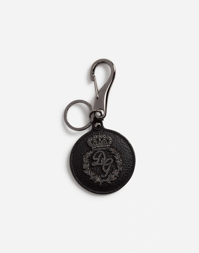 Shop Dolce & Gabbana Metal And Calfskin Keychain With Logo Embroidery In Black