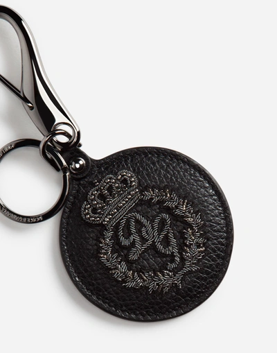 Shop Dolce & Gabbana Metal And Calfskin Keychain With Logo Embroidery In Black