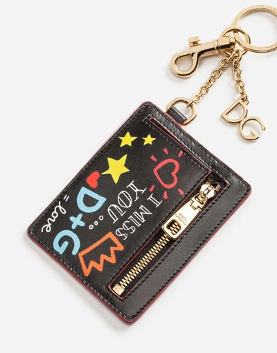 Shop Dolce & Gabbana Keychain Wallet In Metal And Printed Calfskin In Multicolor