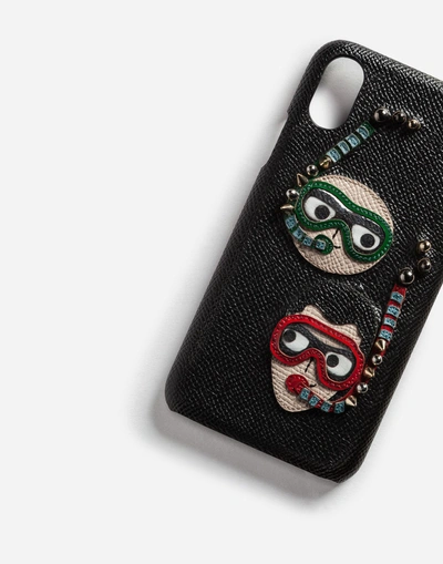 Shop Dolce & Gabbana Iphone X Cover In Dauphine Calfskin With Diver-style Patches Of The Designers In Black