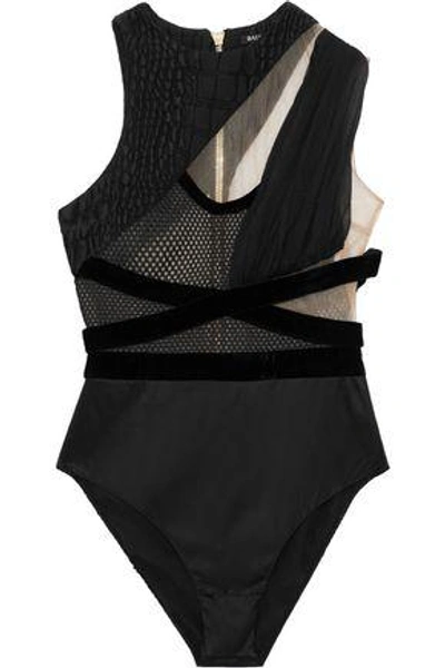 Shop Balmain Woman Velvet-trimmed Paneled Satin, Cloqué And Macramé Bodysuit Black