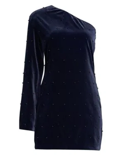 Shop Rta Edie One-shoulder Velvet Mini Dress In Navy Pearl