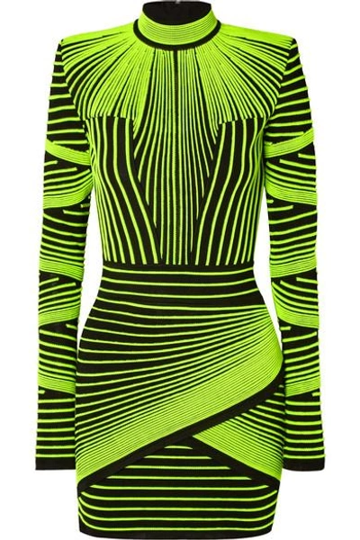 Shop Balmain Neon Ribbed Stretch-knit Mini Dress In Green