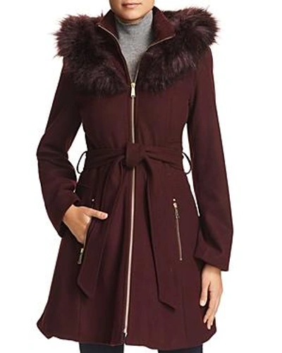 Shop Laundry By Shelli Segal Hooded Faux Fur Trim A-line Coat In Black/plum