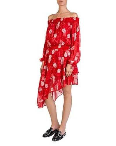 Shop The Kooples Silk Off-the-shoulder Rose-print Dress In Red