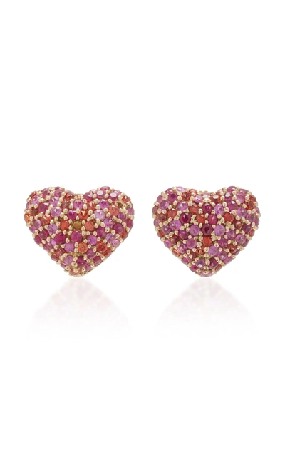 Shop She Bee 14k Gold And Sapphire Heart Stud Earrings In Pink