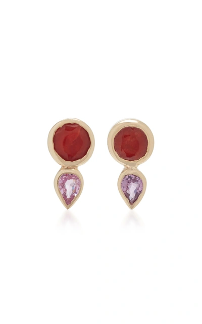 Shop She Bee 14k Gold, Coral, And Sapphire Stud Earrings In Red