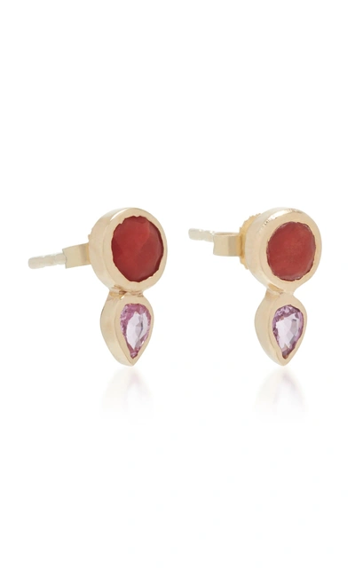Shop She Bee 14k Gold, Coral, And Sapphire Stud Earrings In Red