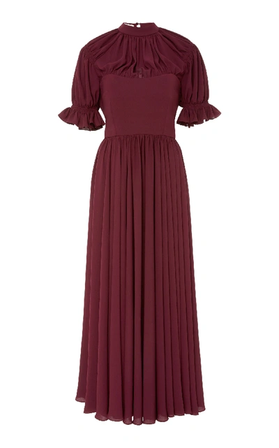 Shop Emilia Wickstead Philly Pleated Crepe De Chine Dress In Burgundy