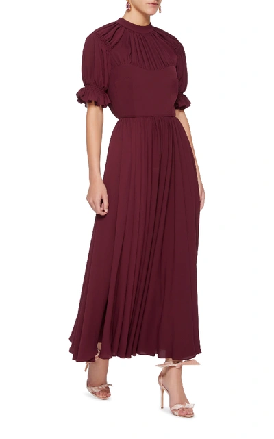 Shop Emilia Wickstead Philly Pleated Crepe De Chine Dress In Burgundy