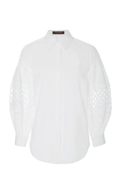 Shop Carolina Herrera Lattice-detailed Cotton-poplin Shirt In White