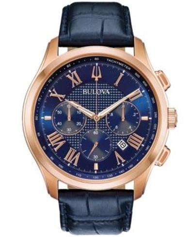 Shop Bulova Men's Chronograph Wilton Blue Leather Strap Watch 46.5mm