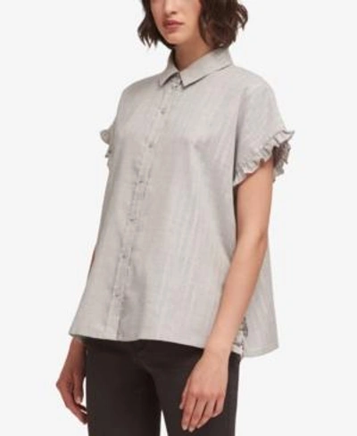 Shop Dkny Ruffle-trim Lurex Striped Shirt, Created For Macy's In Heather Grey